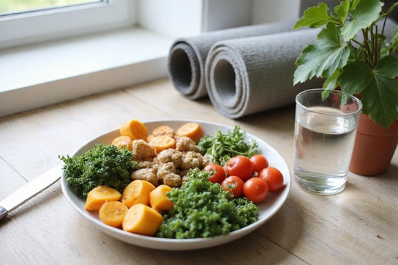 A serene image depicting the concept of holistic wellness, with elements like a balanced meal, a yoga mat, a glass of water, and a plant, arranged harmoniously on a light wooden surface.