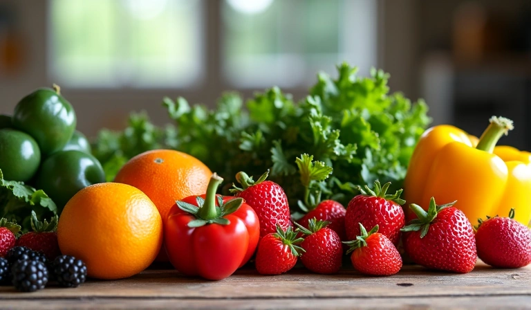 A close-up of colorful fresh fruits and vegetables on a wooden table, emphasizing healthy recipes.